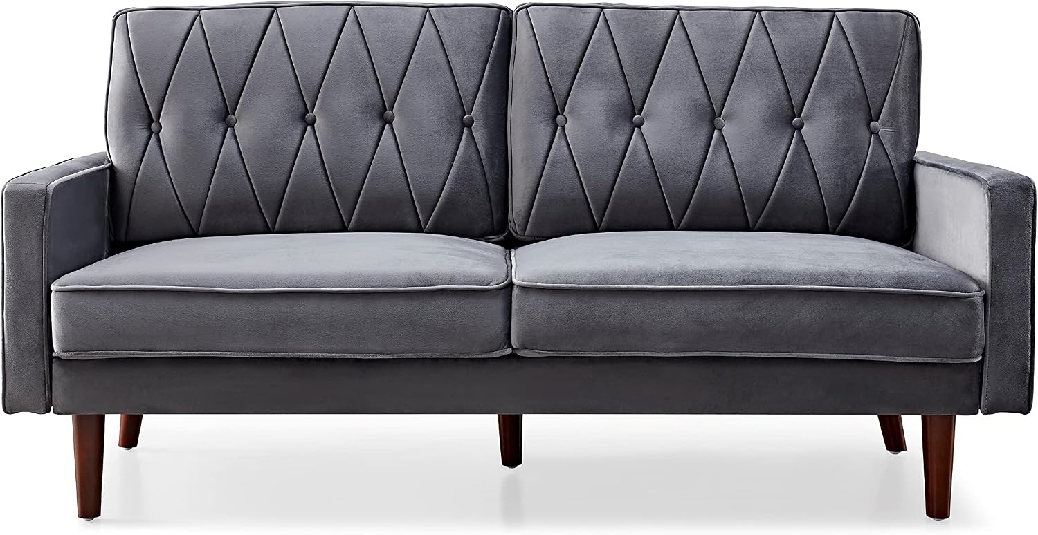 Container Furniture Modern Style Tufted Velvet Couches for Living Room with Soft Fabric Upholstery and Solid Wood Frame, 2 Piece Sofa and Loveseat Set, Grey