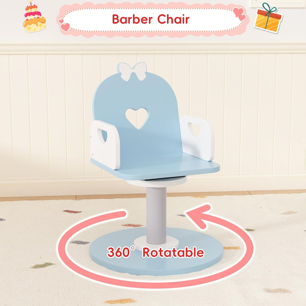 Wooden Kids Vanity Table and Chair Set with Light and Mirror, Princess Makeup Vanity Desk with Barber Chair and Rolling Cart, Pretend Hair Salon Play Set, Toddler Vanity Set for Girls, Blue