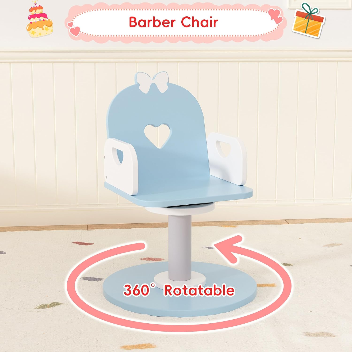 Wooden Kids Vanity Table and Chair Set with Light and Mirror, Princess Makeup Vanity Desk with Barber Chair and Rolling Cart, Pretend Hair Salon Play Set, Toddler Vanity Set for Girls, Blue