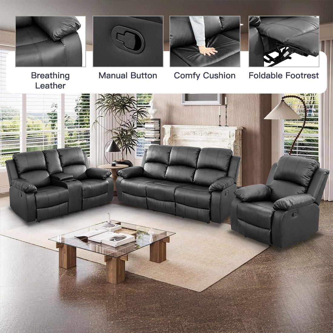 Manual Reclining Couch Sofa Set with Drop-Down Table, 3 Pieces Black Leather Recliner Couch Sets, Living Room Furniture Sets, Recliner Sofa with Storage Console/Cup Holder for Home/Apartment