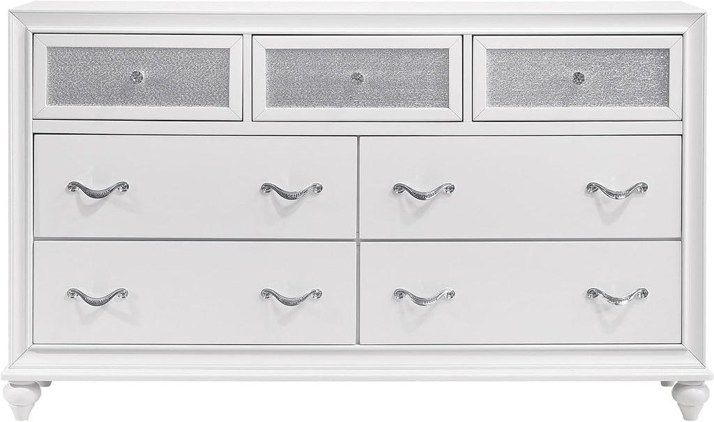 Coaster Home Furnishings - Barzini - Wood - 7-Drawer Dresser with Acrylic Panel, Crystal Hardware, Curved Handles, Turned Legs, Modern Classic Style - Bedroom - White - 205893