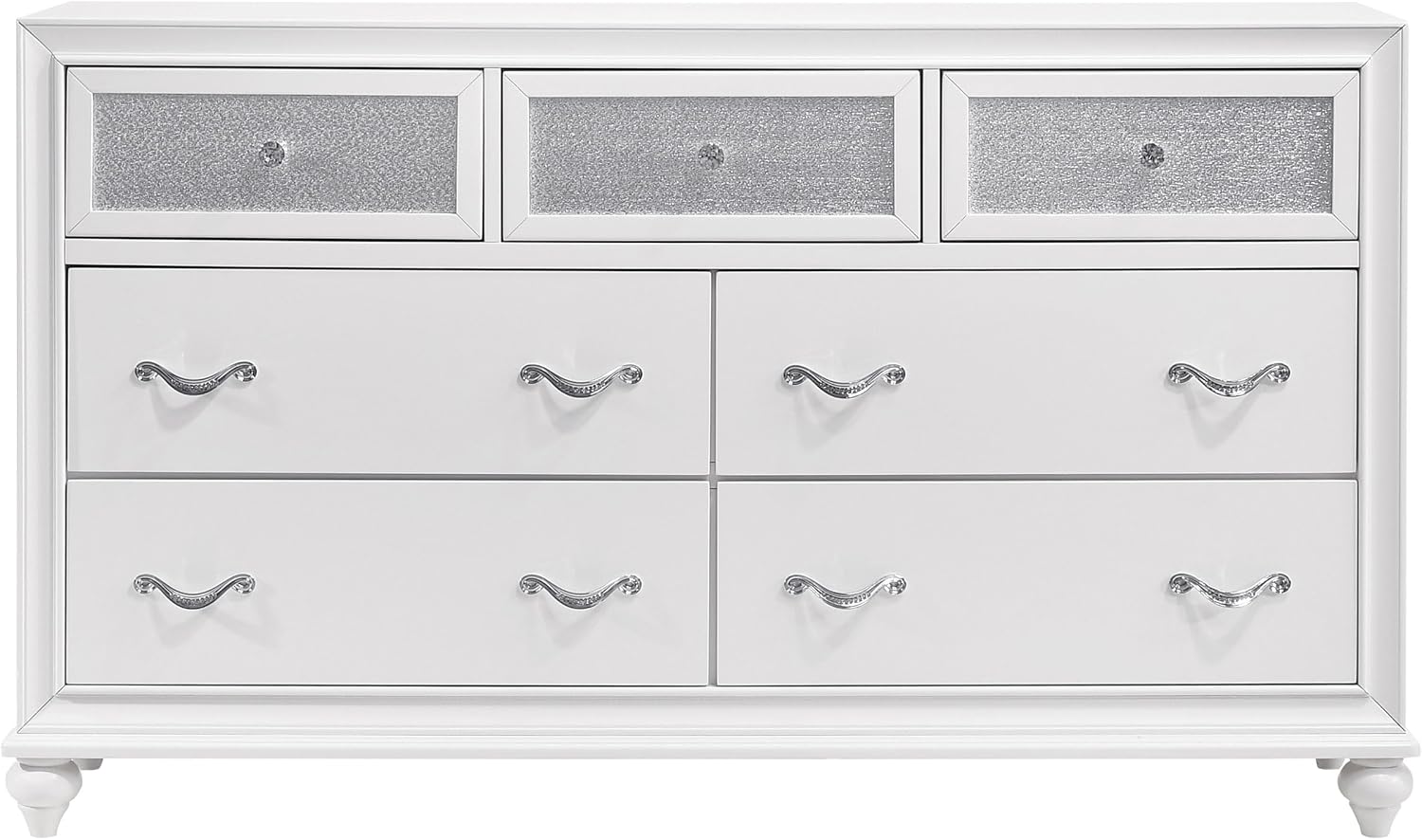 Coaster Home Furnishings - Barzini - Wood - 7-Drawer Dresser with Acrylic Panel, Crystal Hardware, Curved Handles, Turned Legs, Modern Classic Style - Bedroom - White - 205893