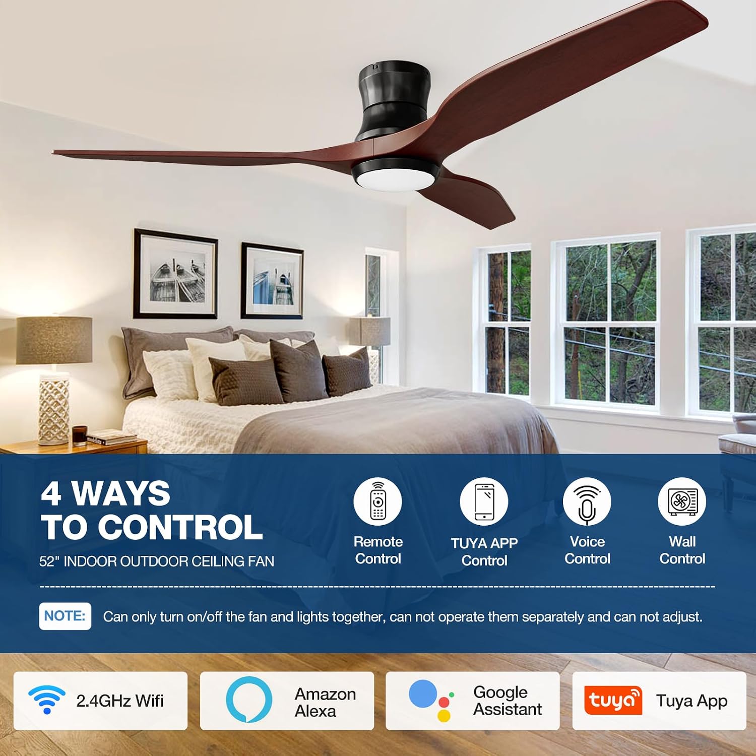 Smart 52' Wood Flush Mount Ceiling Fan for Bedroom, Red Walnut | Quiet DC Motor, WiFi Alexa Voice Control, High CFM Dimmable LED, Low Profile, Reversible, 6 Speeds Adjustment, Time Setting