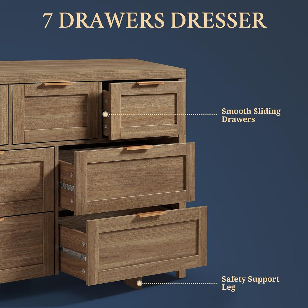 OAKHAM HOME 47' Wide 7 Drawer Dresser, Rustic Wooden Storage Dresser with Metal Handles, Large Chest of Drawers for Bedroom, Living Room & Hallway (Special Walnut)
