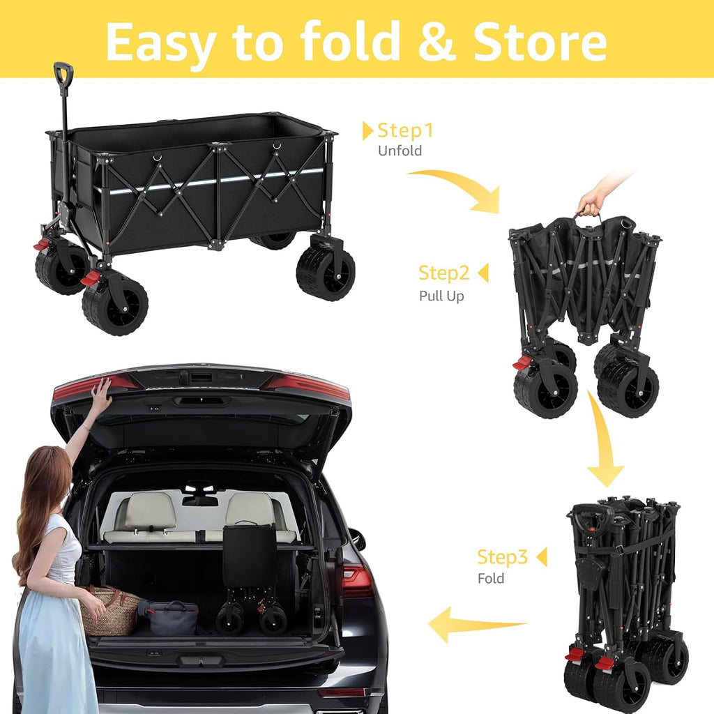 ROSONG Collapsible Wagon Cart with Wheels Foldable - Folding Utility Heavy Duty Wagons Carts for Grocery Sports Garden Shopping Camping Wheelbarrows (Black, 260L)