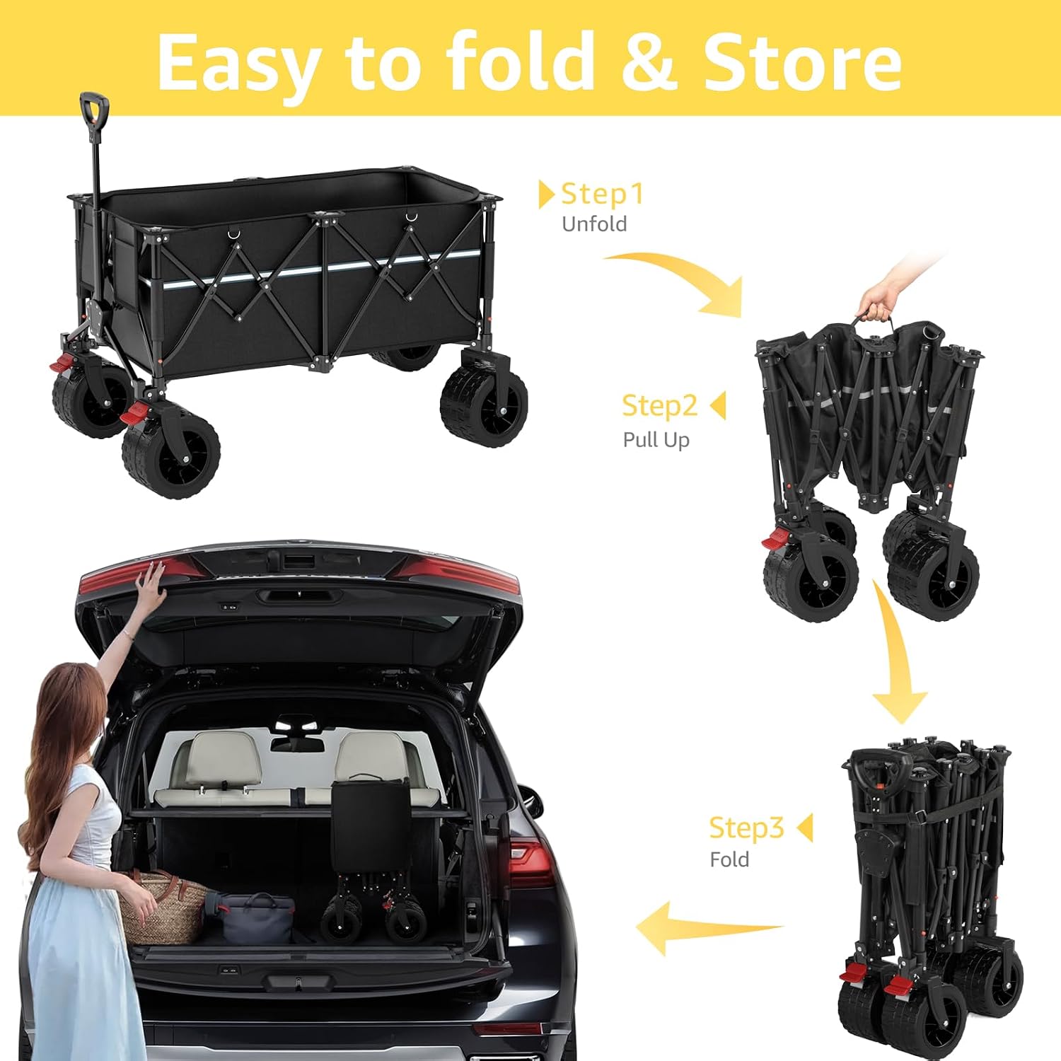 ROSONG Collapsible Wagon Cart with Wheels Foldable - Folding Utility Heavy Duty Wagons Carts for Grocery Sports Garden Shopping Camping Wheelbarrows (Black, 260L)
