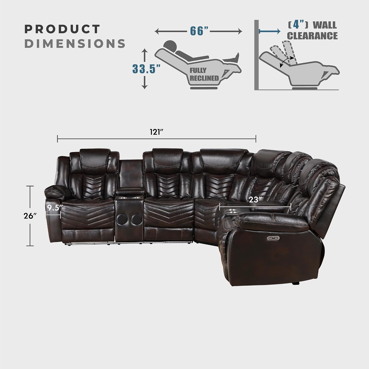 Lexicon Modern 3-Piece Power Reclining Sectional Sofa, Wall Hugger Faux Leather Sectional Couch, with Consoles, Speakers, Subwoofer and Led Lighting, for Living Room/Office/Apartment, Dark Brown