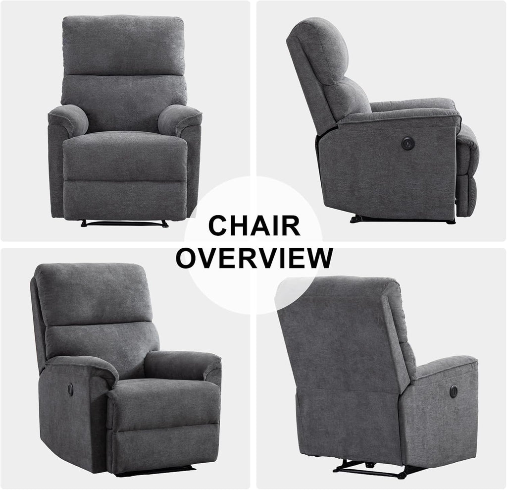 EBELLO Power Recliner Chair, Electric Recliner, Breathable Fabric Single Overstuffed Recliner Sofa Chair with USB Charge Port for Elderly Living Room, Bedroom, Gray, Power Gray