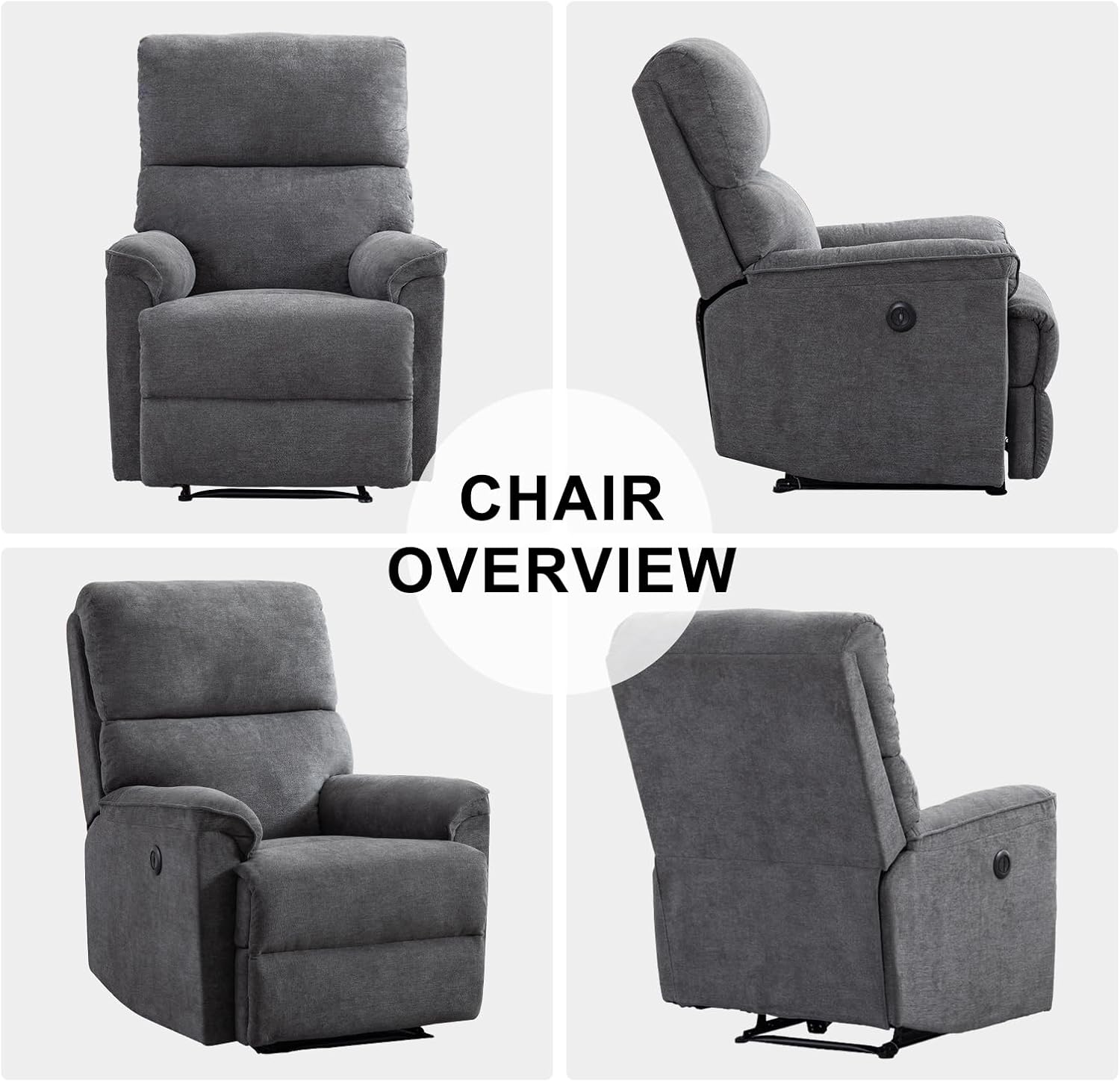 EBELLO Power Recliner Chair, Electric Recliner, Breathable Fabric Single Overstuffed Recliner Sofa Chair with USB Charge Port for Elderly Living Room, Bedroom, Gray, Power Gray