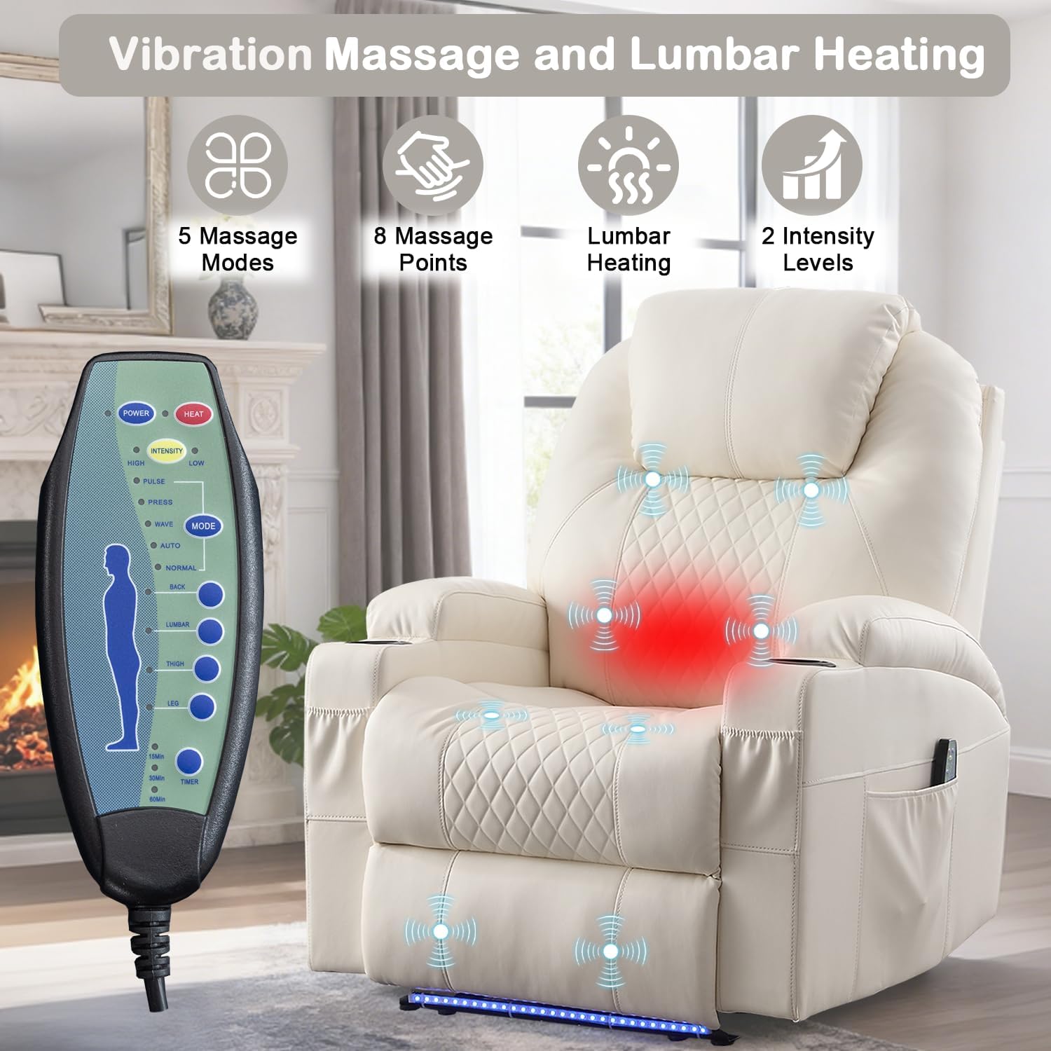 Power Recliner Chair with Heat and Massage for Adults - Home Theater Seating with LED Lights,Cup Holders,Side Pocket,USB Port - Recliner Sofa for Living Room (Beige, Set of 2)