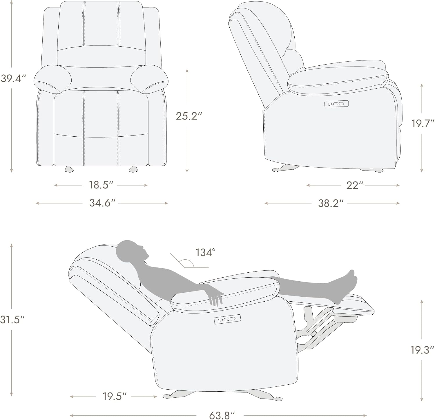 Watson & Whitely Power Recliner Chair for Adults, Faux Leather Electric Reclining Chair for Living Room, Upholstered Recliner with USB Port, Dark Brown
