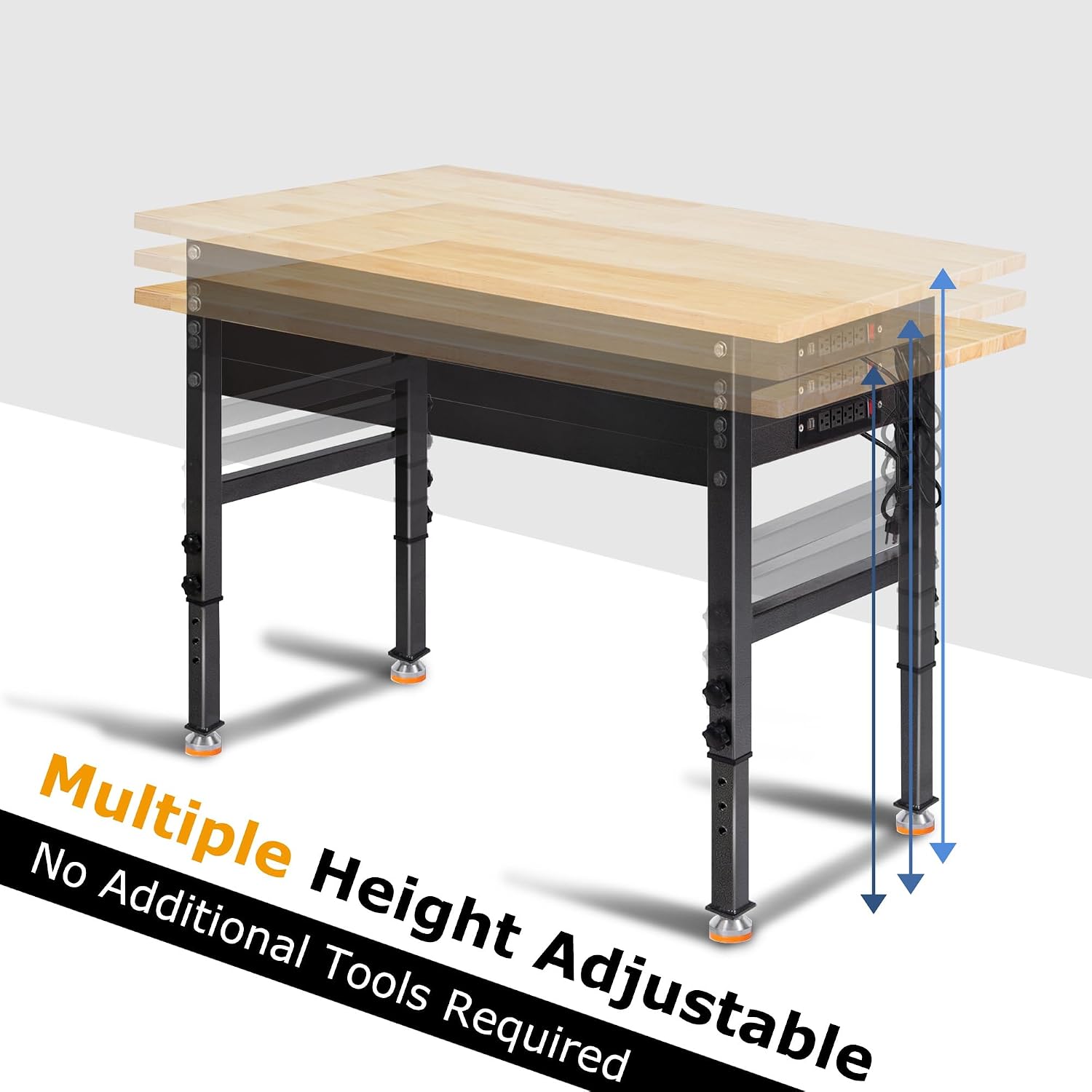 48' Adjustable Work Bench, Rubber Wood Top Workbench Heavy-Duty Work Table with Power Outlet, 2000 LBS Load Capacity Hardwood Work Benches for Garage, Workshop, Home, Office, Easy Assembly