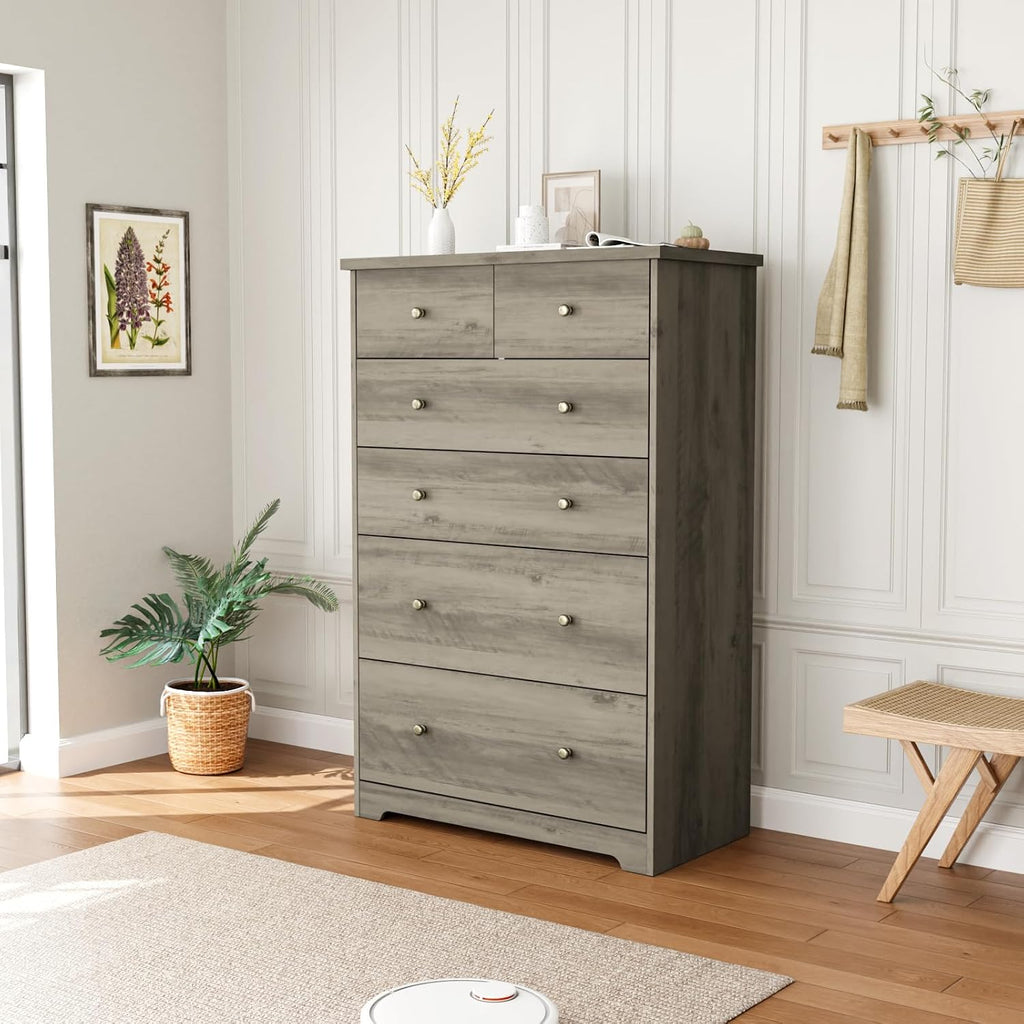 VINGLI Tall Dresser, Rustic Grey Dresser 6 Drawer Chest of Drawers, Wood Gray Dressers for Bedroom, Hallway, Home Office, 31.5' W x 15.75' D x 47.64' H