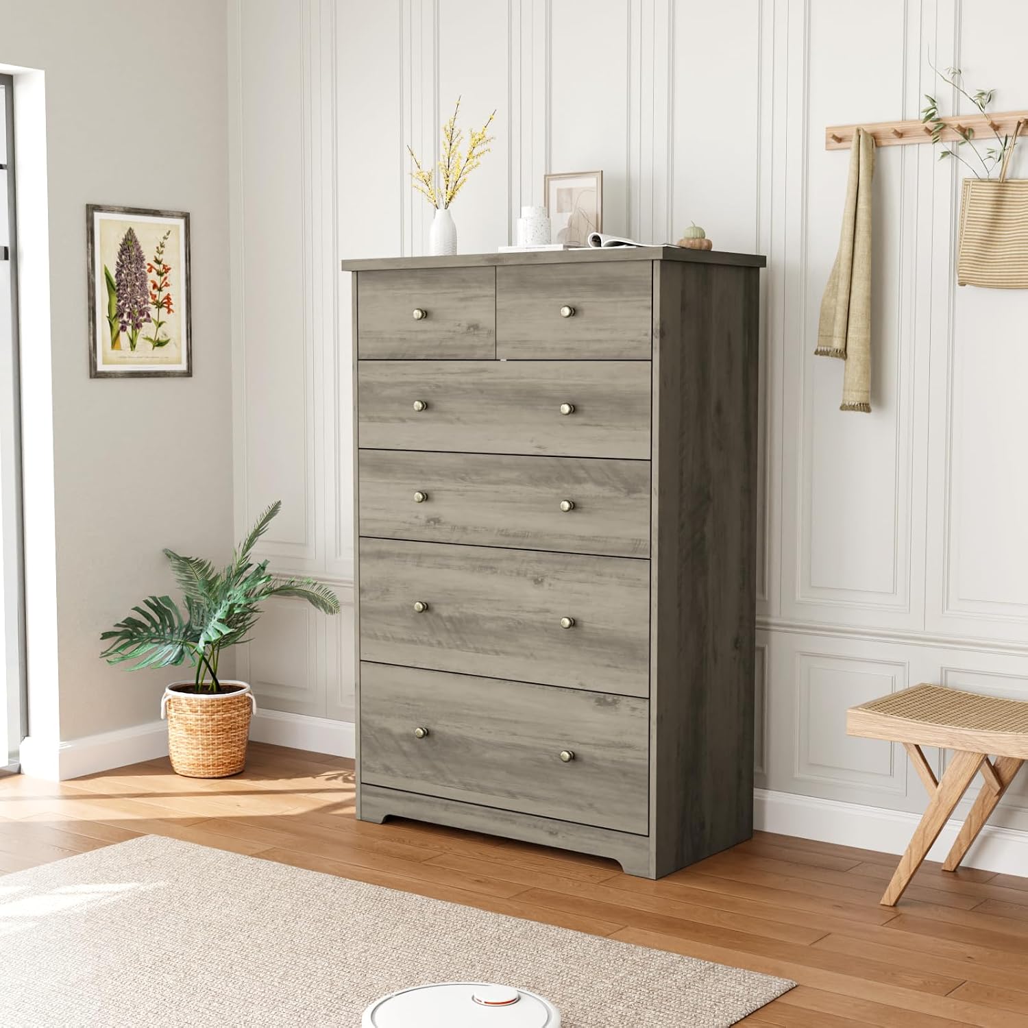 VINGLI Tall Dresser, Rustic Grey Dresser 6 Drawer Chest of Drawers, Wood Gray Dressers for Bedroom, Hallway, Home Office, 31.5' W x 15.75' D x 47.64' H