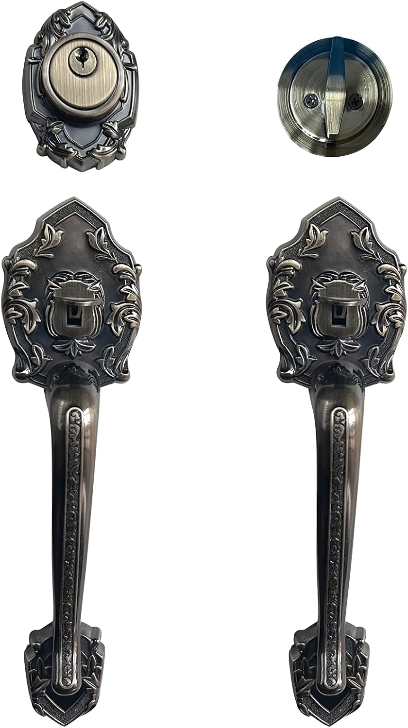 LOCKSET4U Single Reversal Front Door Hardware Set Luna, Heavy Duty Grip Entry Single Door Lock Set with Grip Handle and deadbolt, Antique Brass Finish
