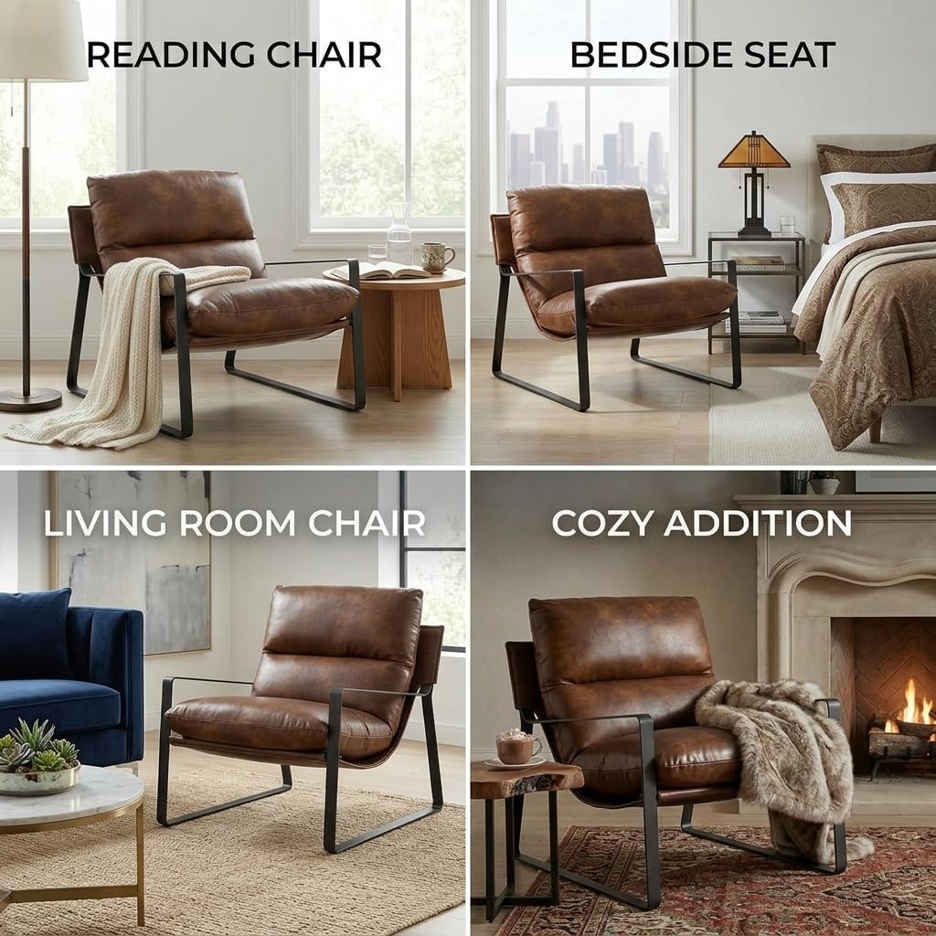 Ya-Home Mid-Century Accent Chair, Comfy PU Leather Side Chair with Armrest, Upholstered Leisure Chair with Black Metal Frame for Living Room Bedroom Reception Room, Brown