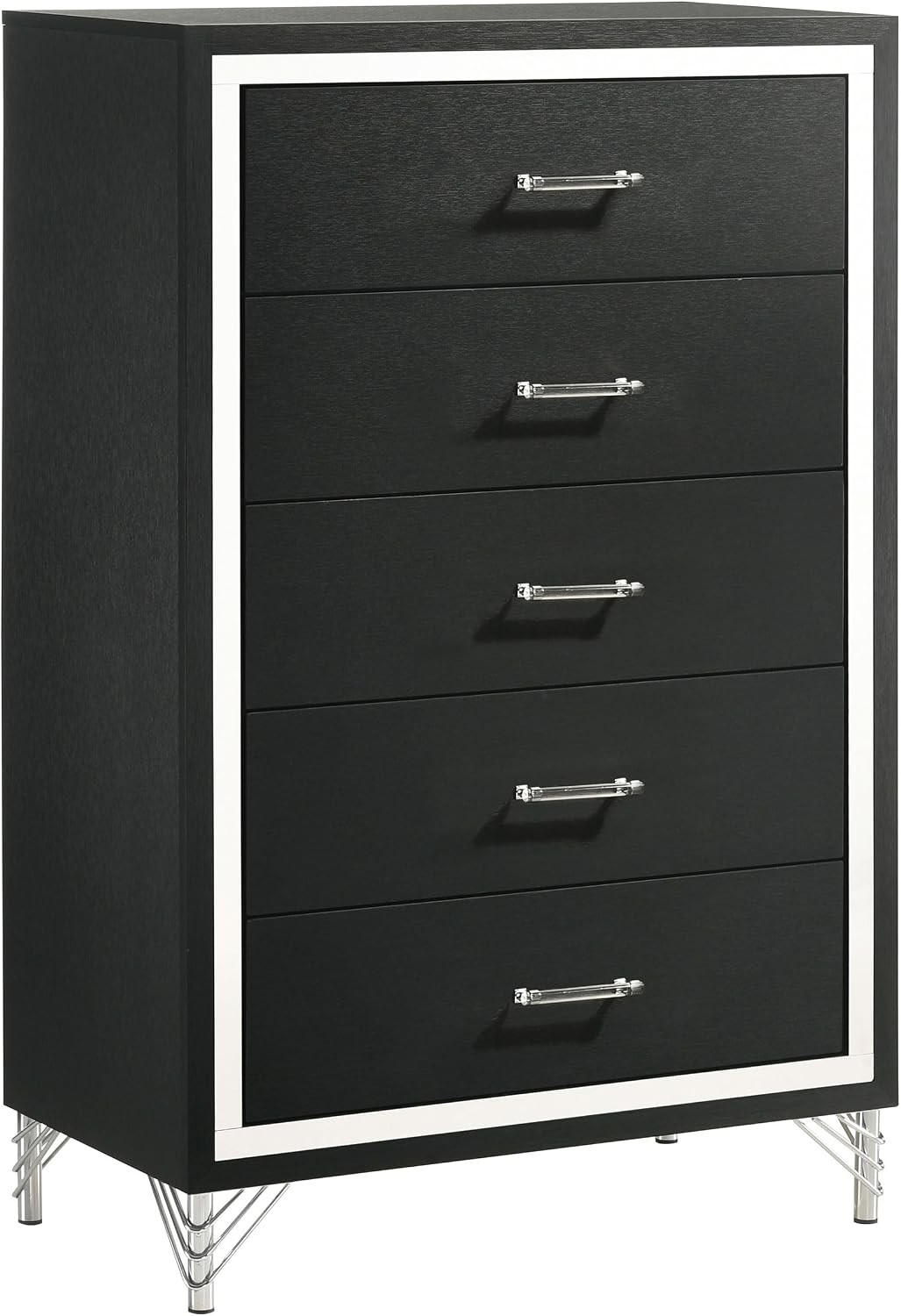 Coaster Home Furnishings - Lucia - Wood & Metal - 5-Drawer Chest with Chrome Trim, Hairpin Legs and Bar Pulls - Modern Classic - Bedroom - Black - 224995