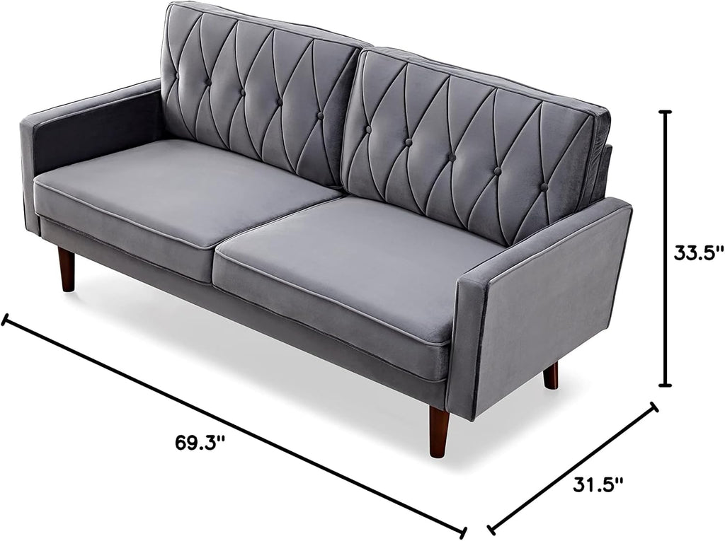 Container Furniture Modern Style Tufted Velvet Couches for Living Room with Soft Fabric Upholstery and Solid Wood Frame, 2 Piece Sofa and Loveseat Set, Grey
