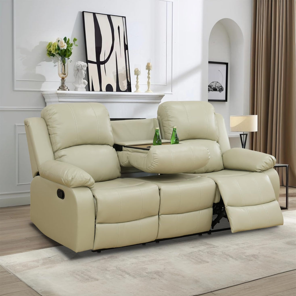 Living Room Furniture Set, Manual Reclining Sofa Set, Beige Leather Recliner Couch Sets with Drop-Down Table, Recliner Sofa with Storage Console/Cup Holder for Living Room/Apartment