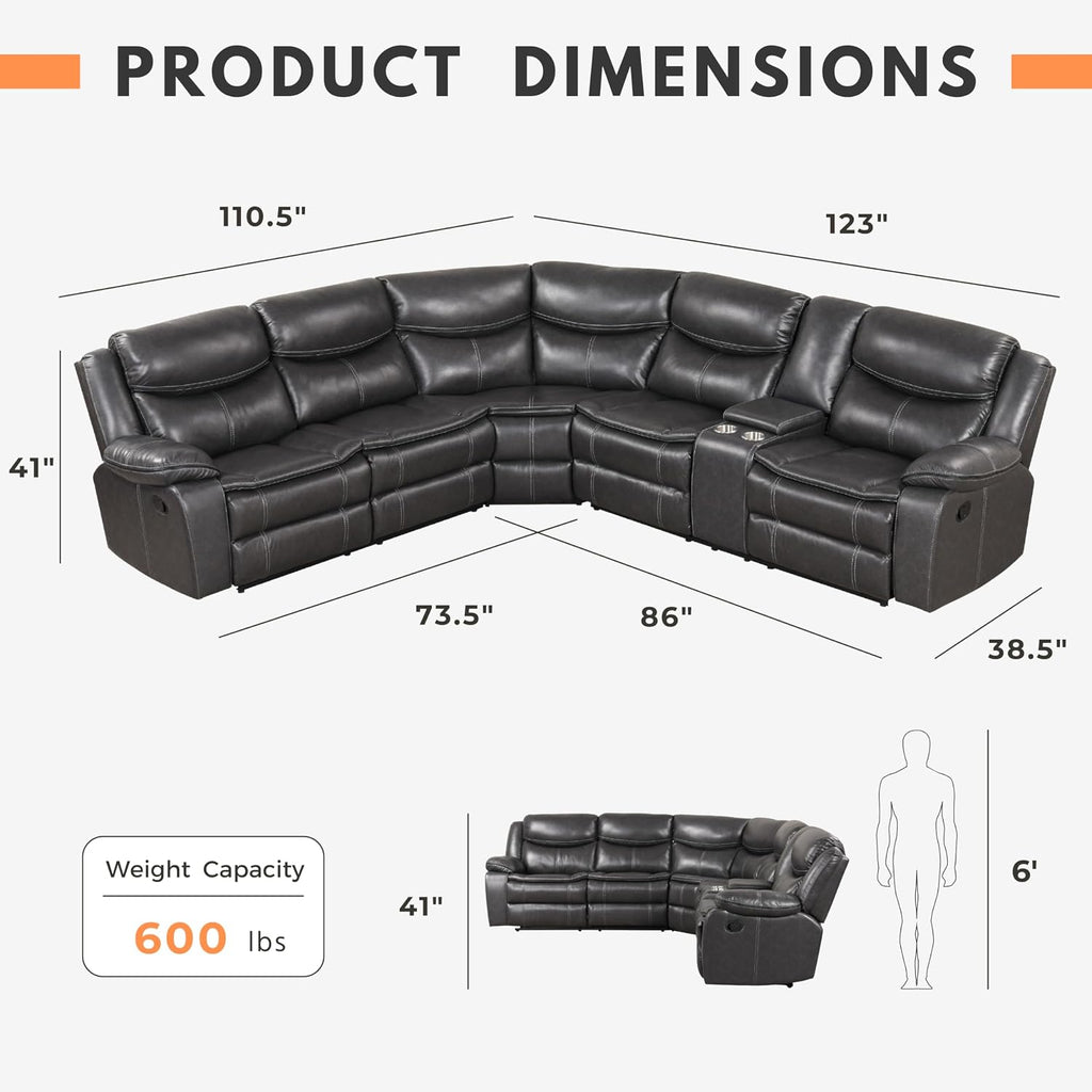 24/7 Shop at Home Amadeo Transitional Breathable Faux Leather L-Shaped Reclining Sofa with Storage Console and Cup Holder, Sectional Couches for Living Room, Home Theater, Playroom, Dark Gray