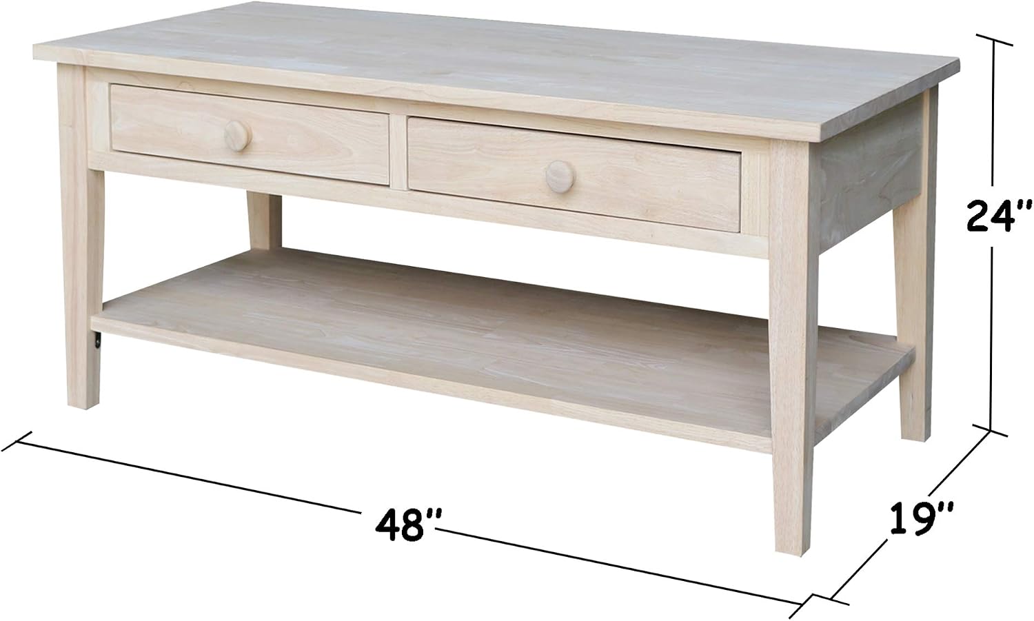 IC International Concepts, Spencer Coffee Table, Solid Wood, Real Parawood, 48' W x 24' D x 19' H, Easy Assembly, DIY, Paint or Stain Your Way, Unfinished