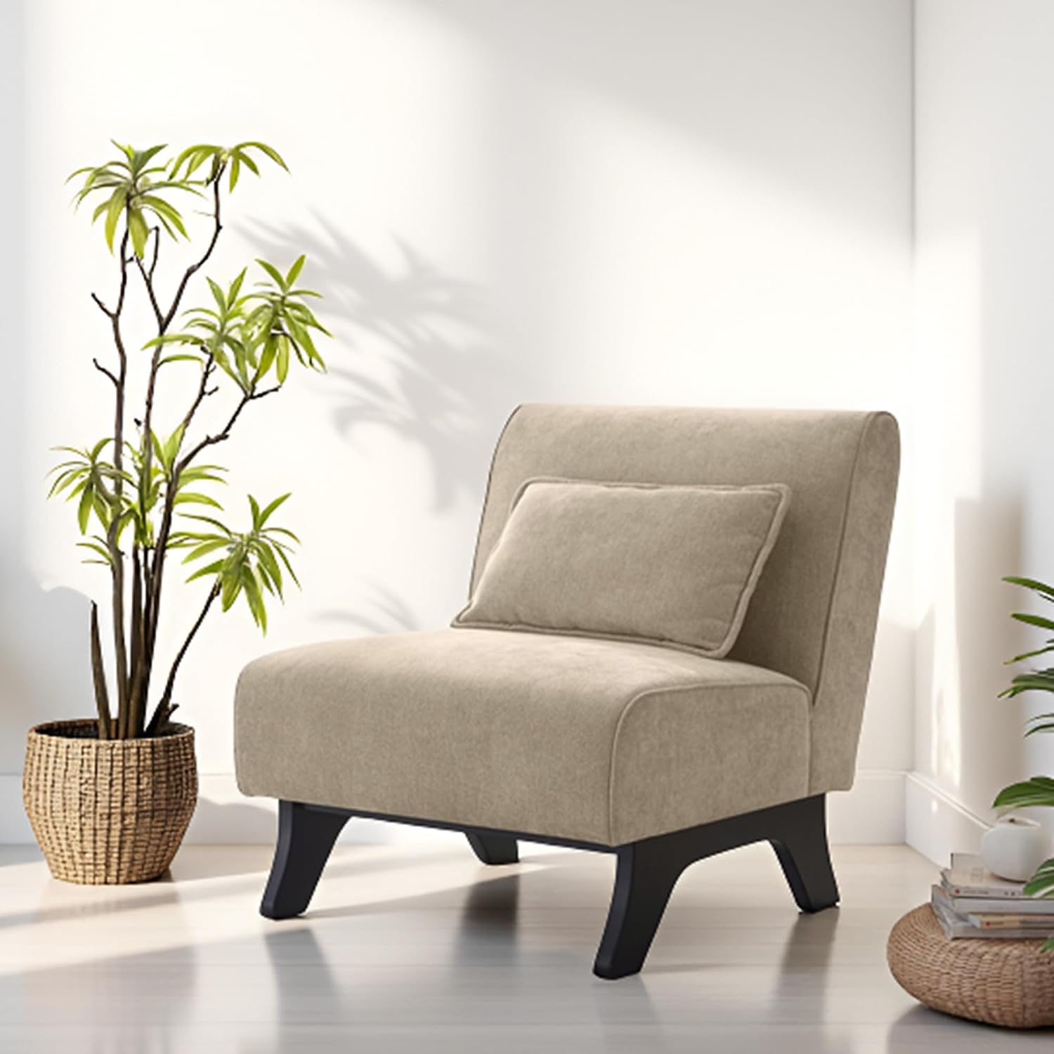 Upholstered Armless Accent Chair,Modern Comfy Living Room Chairs with Wooden Legs& Pillows,Lounge Sofa Side Chair for Bedroom Farmhouse Reading Brown