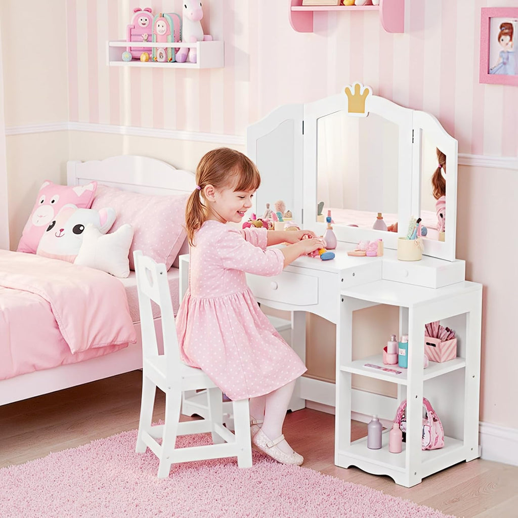 JOYMOR Kids Vanity Table and Chair Set with Tri-Fold Mirror, Extra-Wide Kids Vanity Set, Princess Dressing Table with Stool for Girls Ages 3-8 (White)