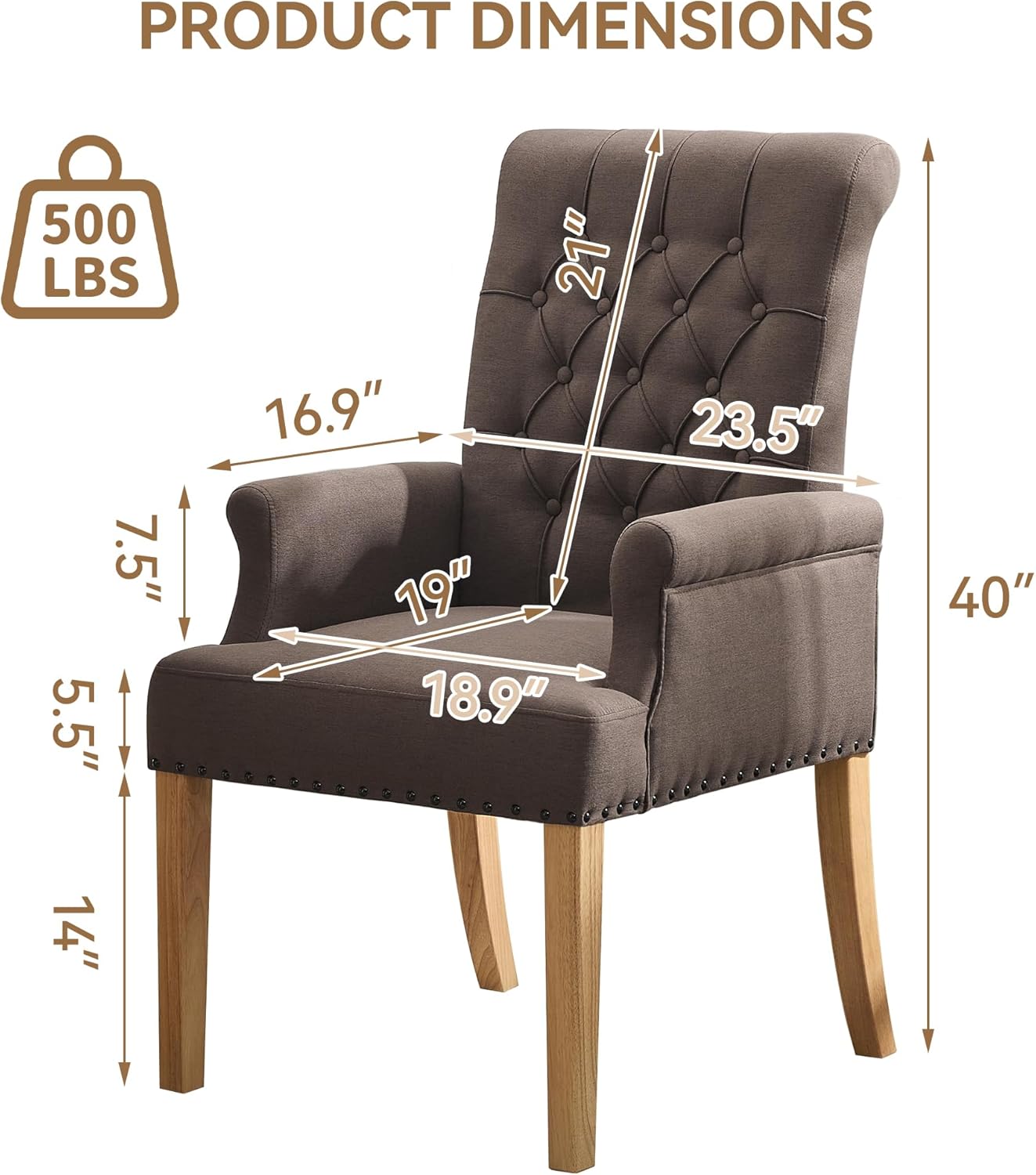 WUTUTUEE Fabric Dining Chair with Arms, Upholstered Tufted High Back Dining Room Chairs, Accent Armchair with Solid Wood Leg and Nailhead Trim, Kitchen Dining Living Room, Brown