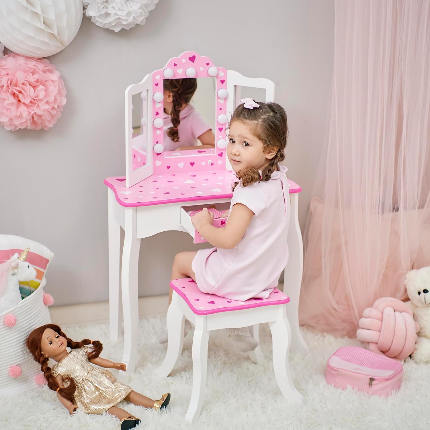 Teamson Kids - Sweethearts Print Gisele Medium Vanity - White/Pink