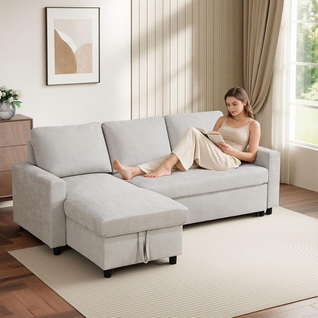 Yafylly L-Shaped Sleeper Sofa with Chaise Lounge & Storage, Pull-Out Couch Bed with Recliner, Full Size Futon for Living Room, Office, Apartment Beige