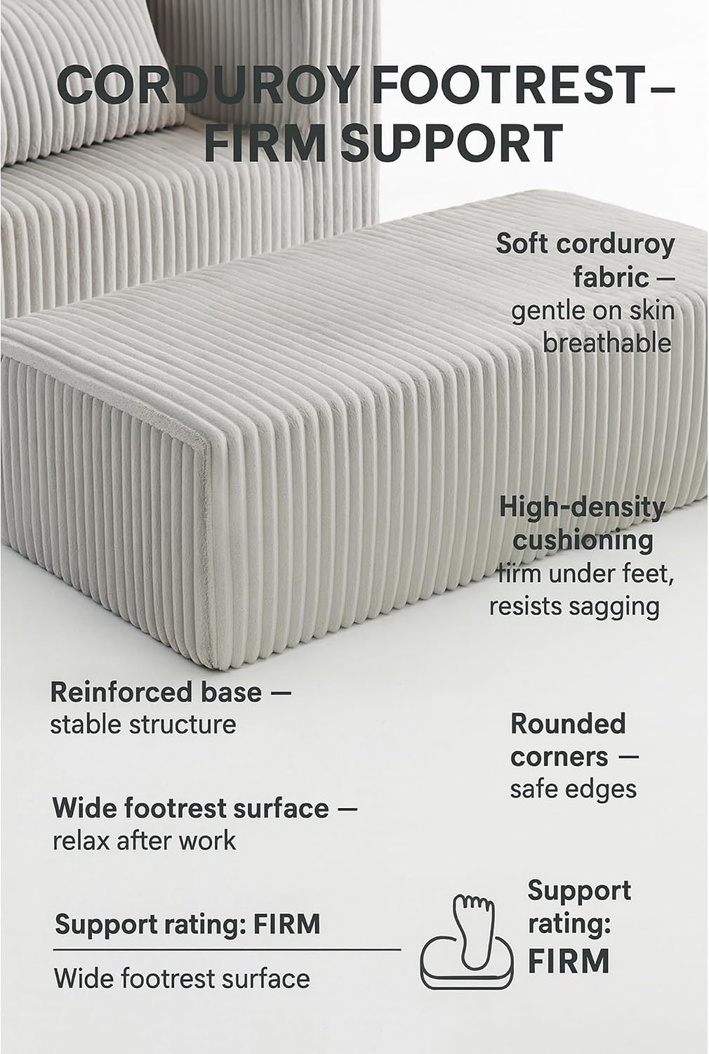 GDFStudio Full-Foam Boneless Sofa with Ottoman, Compressed Cloud Sofa Bed Single Chaise Lounger Small Couches for Small Spaces Bedroom Living Room, Modern Couch Recliner Corduroy Furniture, Smoke Grey