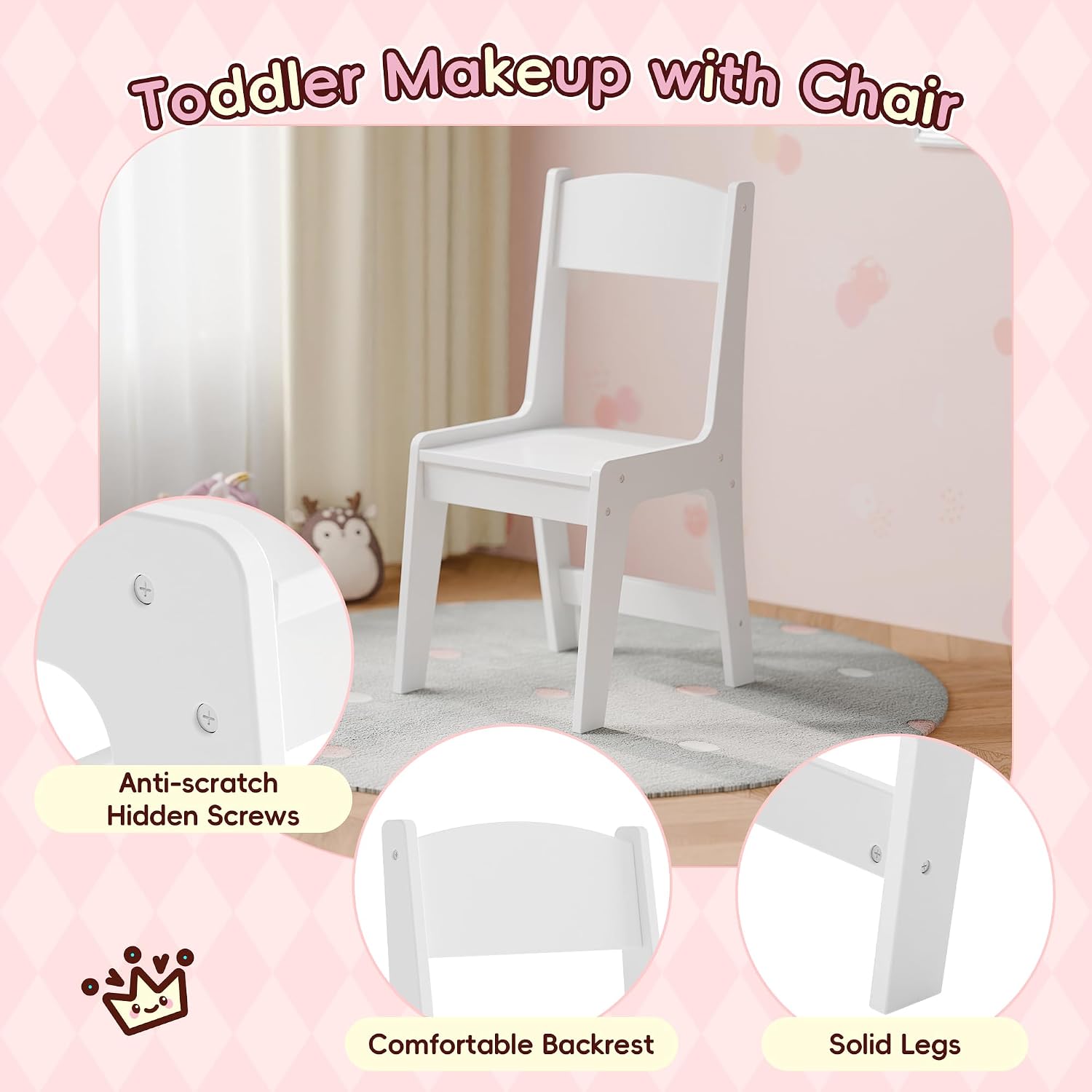 Kids Vanity, Girl Vanity Set with Storage Cabinet & Open Shelf, 2 in 1 Kids Vanity Table and Chair Set with Jewelry Storage, Princess Toddler Makeup Vanity with Mirror for Little Girls (White)