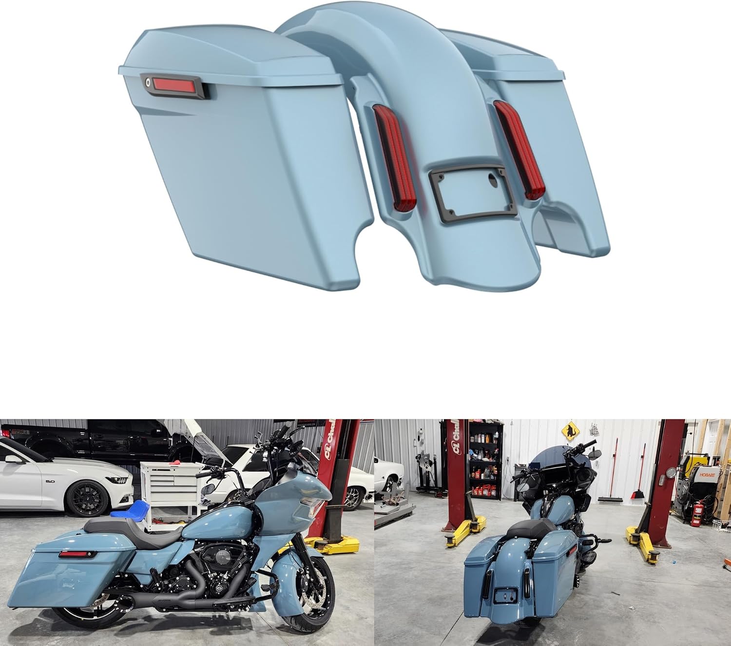 Advanblack Color Matched Stretched Bags, Lids Black Latch Hardware for '23-'24 Harley Touring CVO & 2024 Street Glide, Road Glide (Sharkskin Blue)