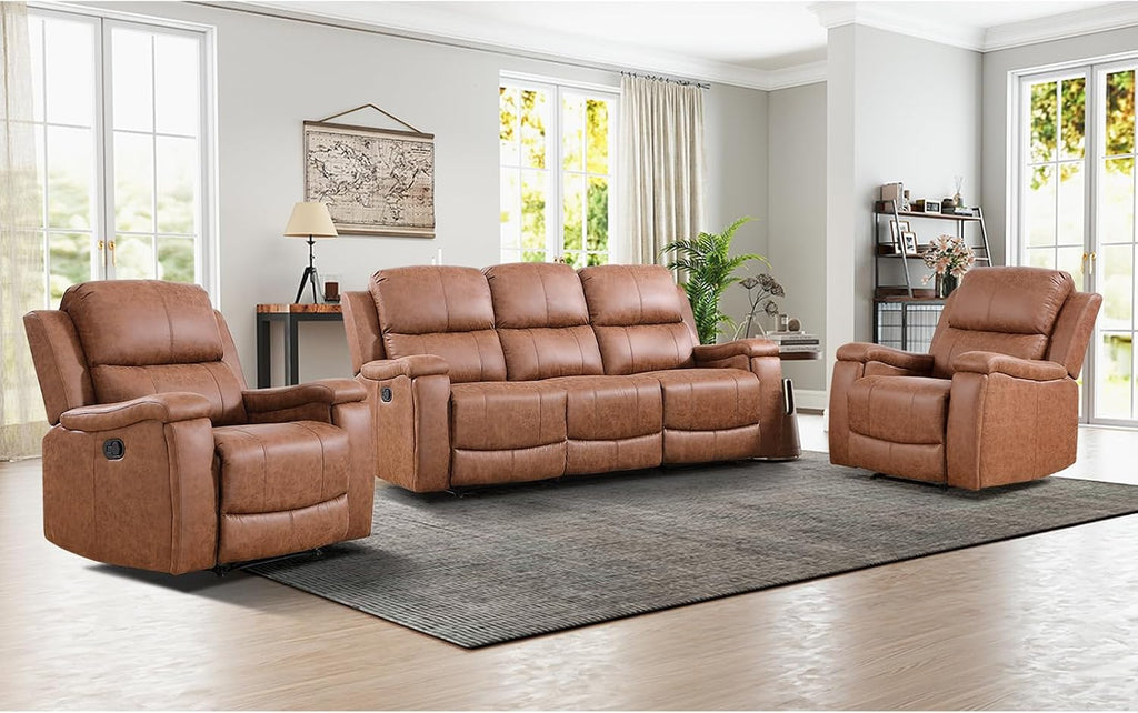 CANMOV Faux Leather Manual Reclining Sofa Furniture Set, 2 Manual Recliner Chair and 3 Seat Recliner Sofa Couch Set for Living Room,Brown