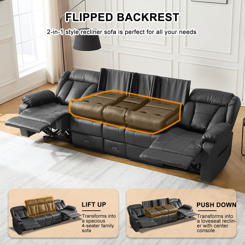 Loveseat Recliner Sofa,4 Seater Recliner Couch, Manual Reclining Loveseat with Console for Living Room, Home Theater Seating with AC/USB C/USB Ports Drawer Cup Holder (Black, 4 Seater + Console)