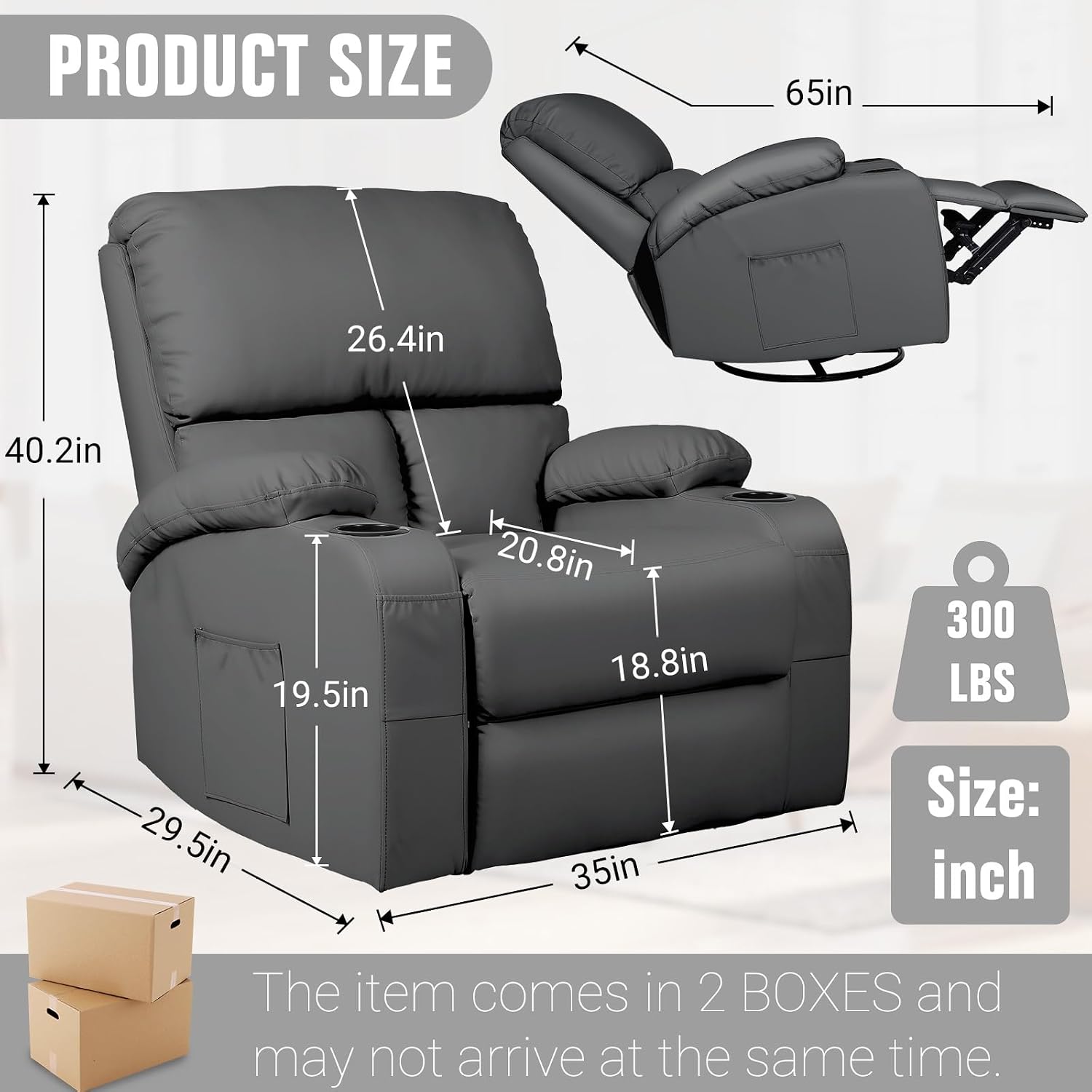 LEVELEVE Rocking Recliner Chair, Massage Rocker Recliner Chair with Vibration Massage and Heat, 360° Swivel Faux Leather Chairs, Living Room, Bedroom, Nursery, RV, Dark Grey