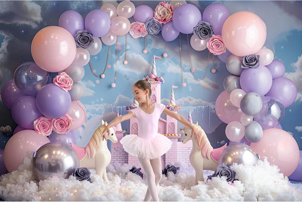 20x10ft Purple Castle Backdrop for Photography Pink Arch Balloon Flower Royal Place Lovely Unicorn Photography Background Baby Shower Birthday Party Wedding for Princess Girl Props Video