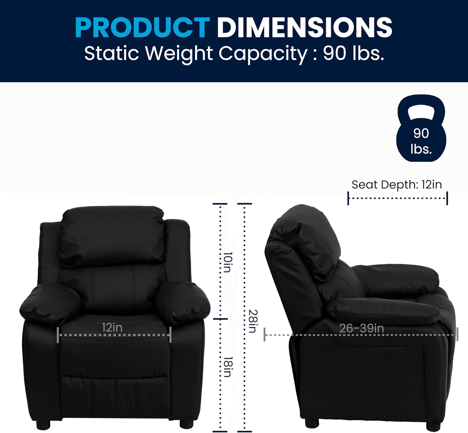 Flash Furniture Charlie LeatherSoft Kids Recliner with Flip-Up Storage Arms and Safety Recline, Contemporary Reclining Chair for Kids, Supports up to 90 lbs., Black