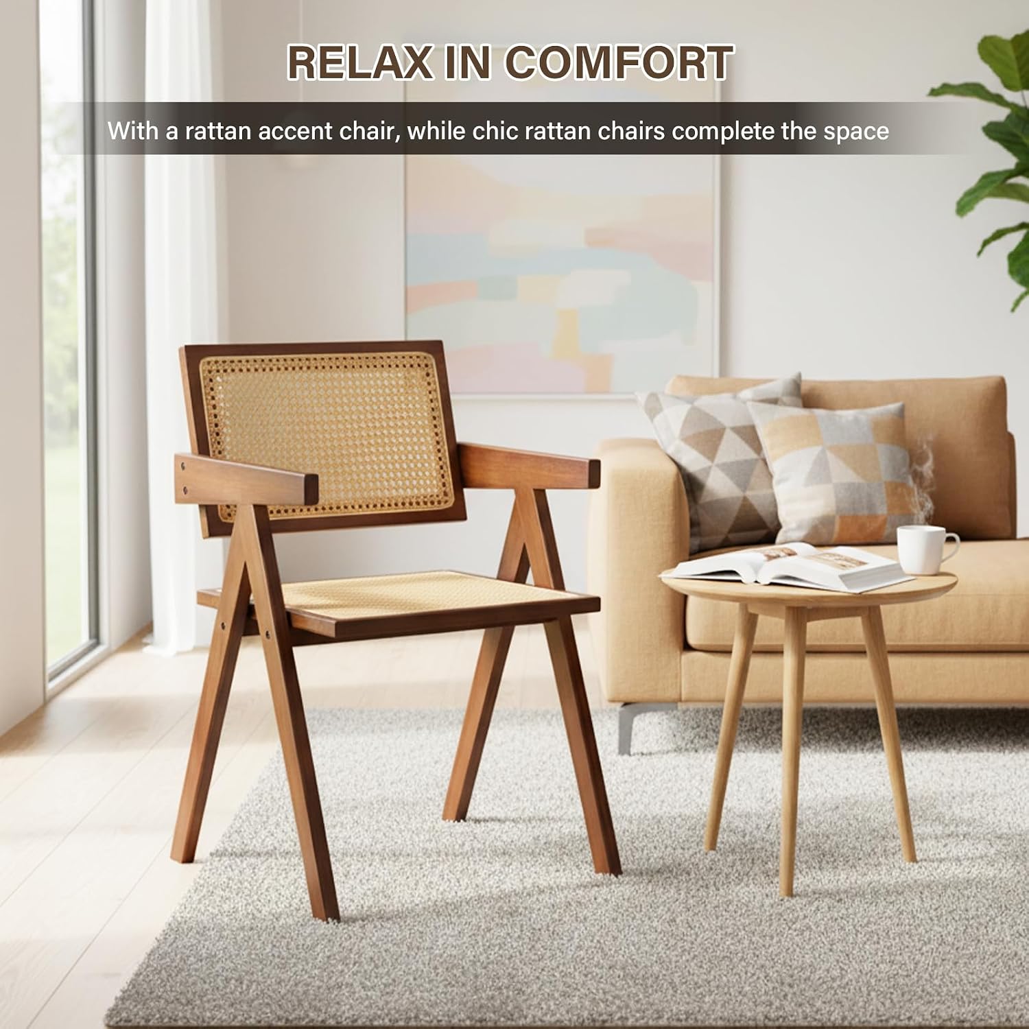 Furlide Rattan Accent Chairs, Modern Mid Century Dining Chairs Set of 2, Comfy Armchairs, Outdoor Rattan Chairs with Armrest for Bedroom Living Room Reading Room Dining Kitchen, Brown