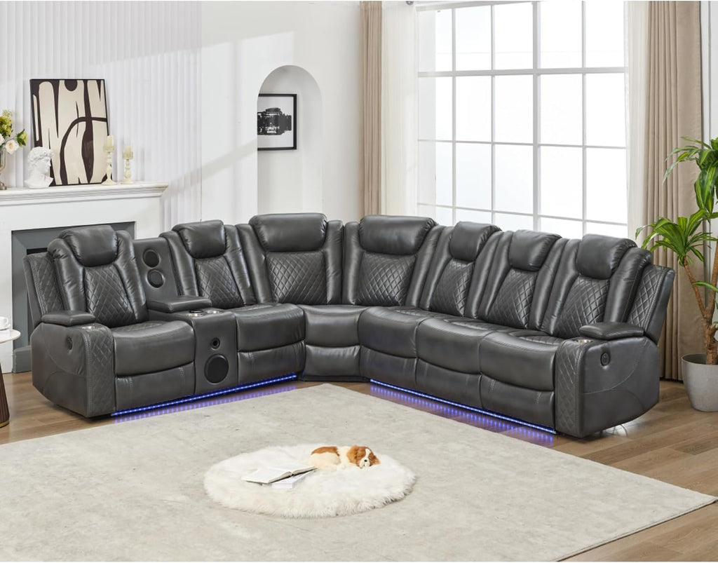 KEIKI L-Shaped Oversized Technical Leather Sectional Power Reclining Sofa with Extendable Footrest and Cup Holder, Electric Control 5-Seater Couch with USB, for Home Theater, Living Room, Grey