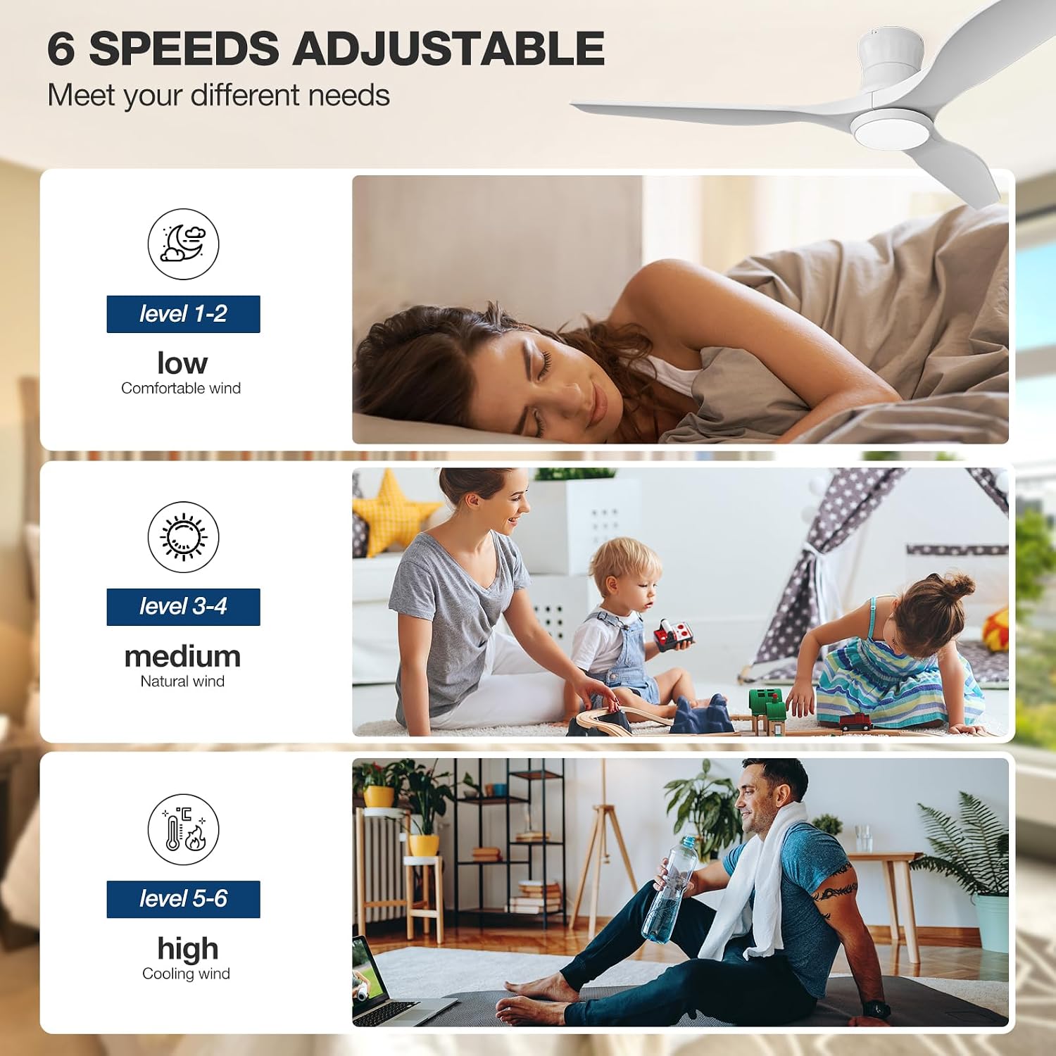 Smart 52' Wood Flush Mount Ceiling Fan with Remote Control, White | Quiet DC Motor, WiFi Alexa Voice Control, High CFM Dimmable LED, Low Profile, Reversible, 6 Speeds Adjustment, Time Setting