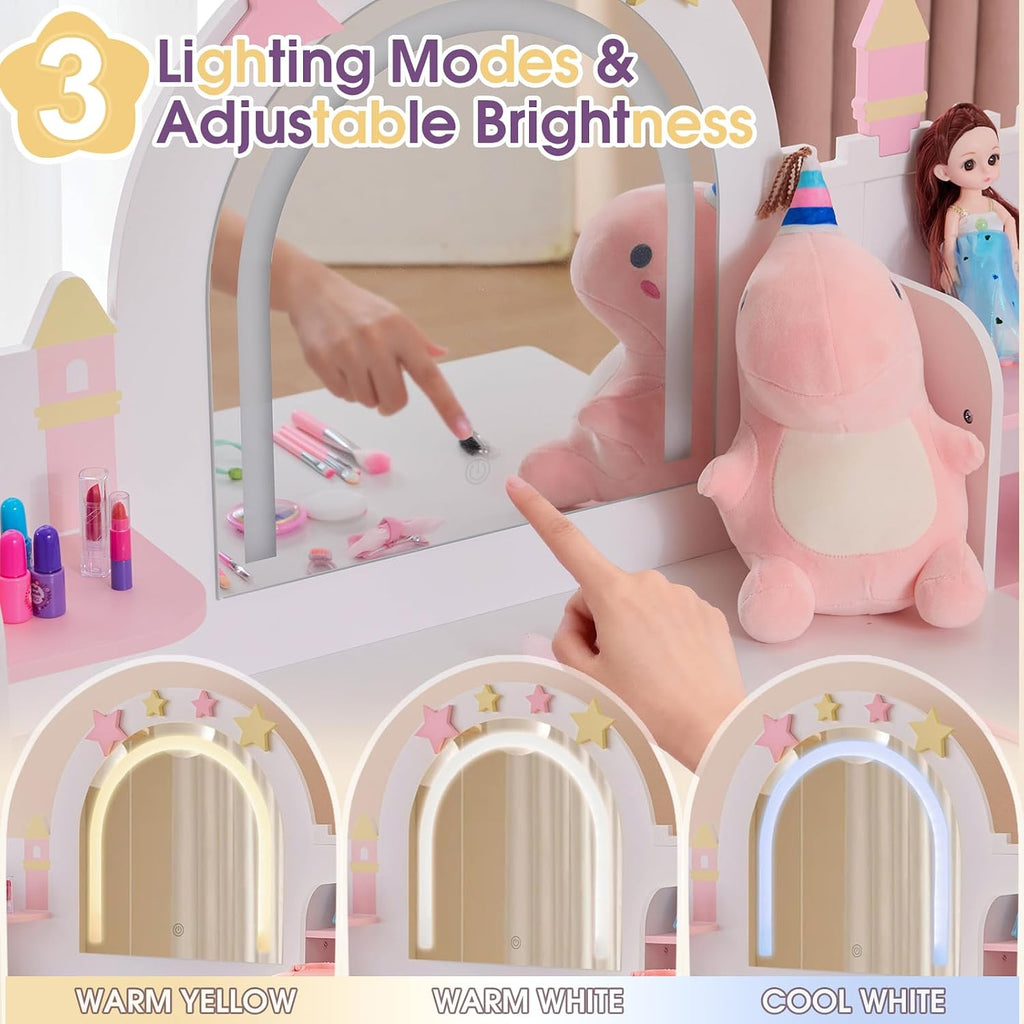Kids Vanity Table and Chair Set with Lights, Toddler Makeup Vanity Desk with Open Bookshelf, Girls Vanity with Removable Drawers, Storage Shelves,Castle Star Pattern for Princess, White