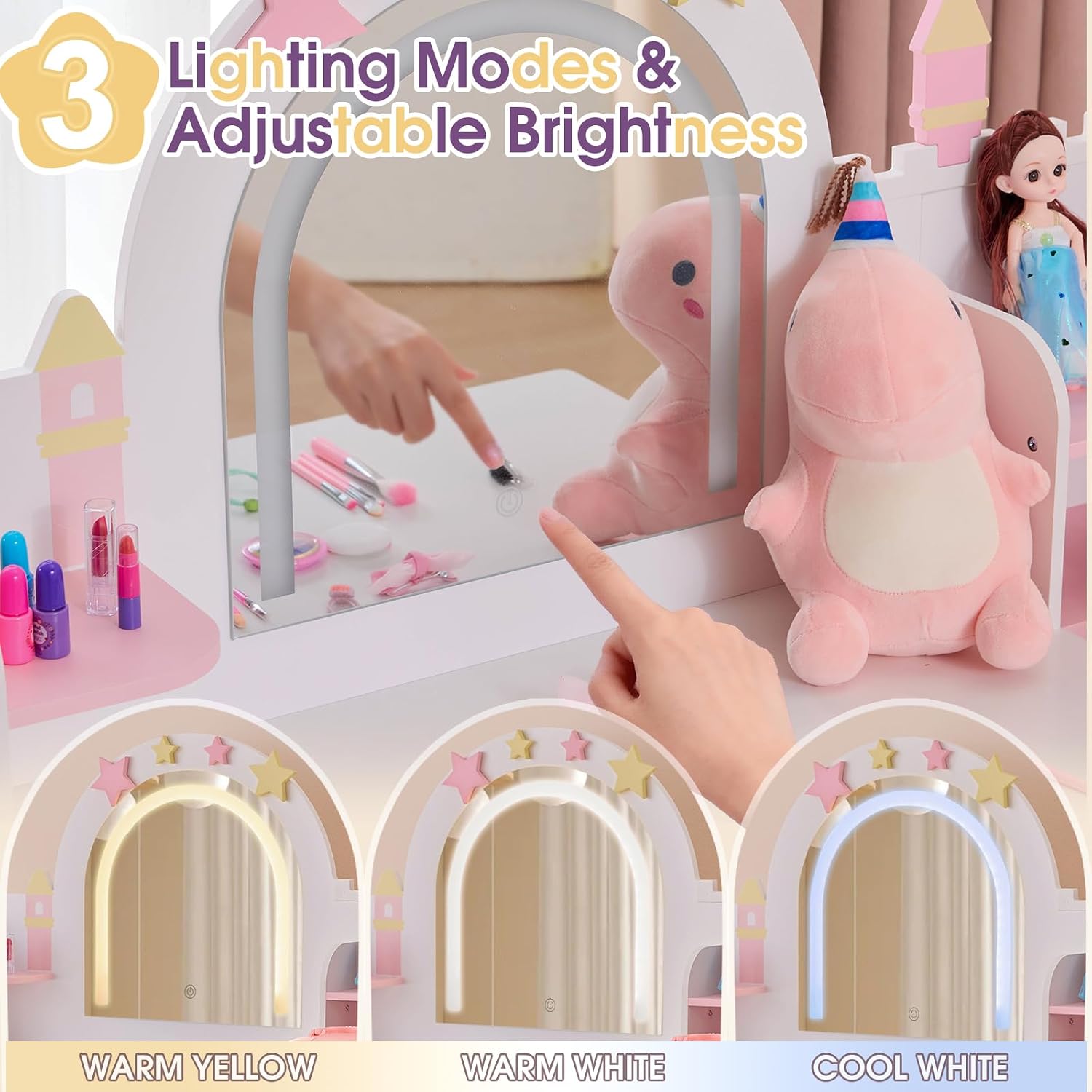 Kids Vanity Table and Chair Set with Lights, Toddler Makeup Vanity Desk with Open Bookshelf, Girls Vanity with Removable Drawers, Storage Shelves,Castle Star Pattern for Princess, White