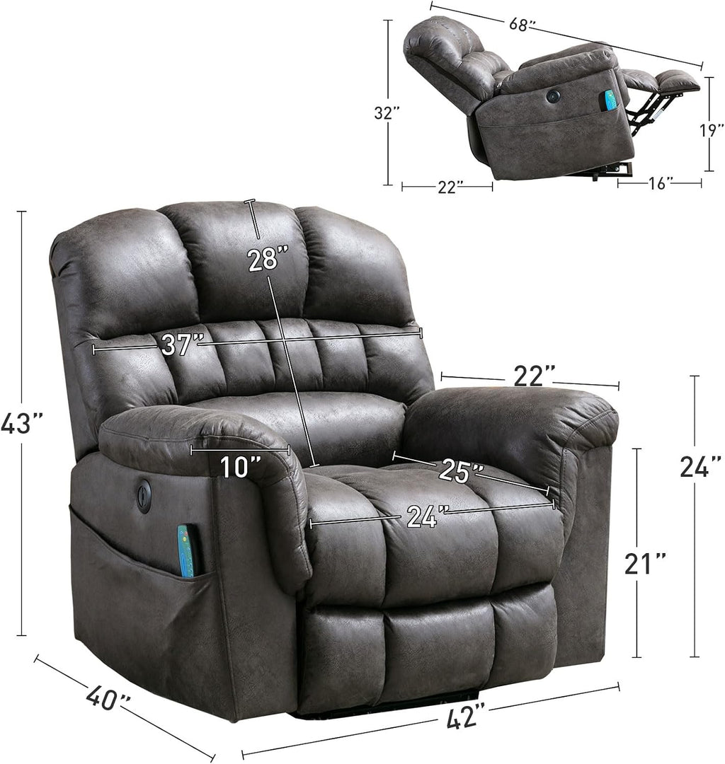 Bonzy Home Power Lift Chairs Recliner for Elderly, Electric Recliner Chair with Heat and Massage, 24' Wide Seat for Big People, Comfortable Backrest, Faux Leather, USB Charging Ports, Grey