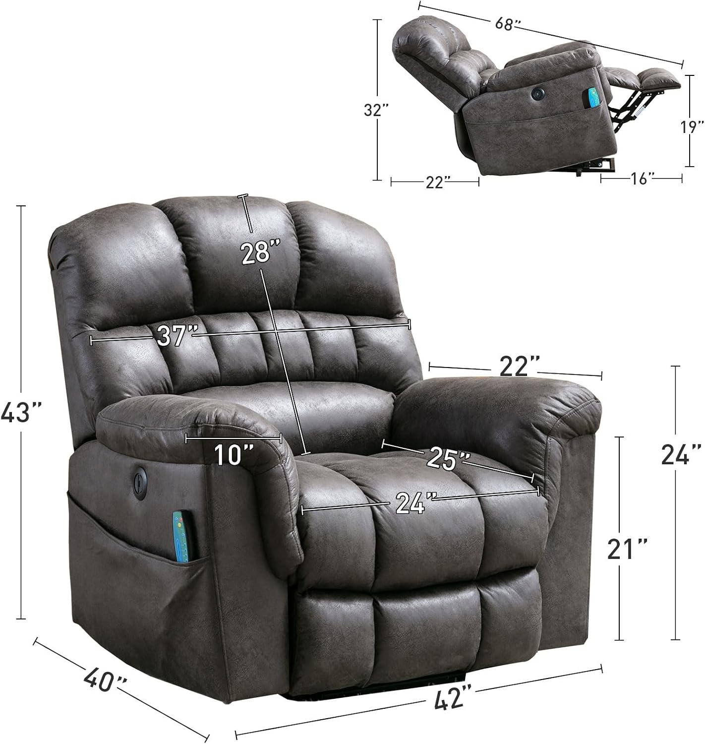 Bonzy Home Power Lift Chairs Recliner for Elderly, Electric Recliner Chair with Heat and Massage, 24' Wide Seat for Big People, Comfortable Backrest, Faux Leather, USB Charging Ports, Grey