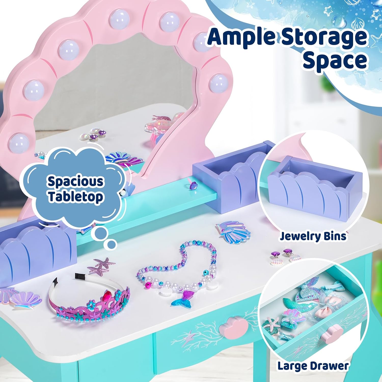 BRINJOY Kids Vanity with Lights, Wooden Princess Vanity for Girls, 2 in 1 Ocean Theme Toddler Dressing Table and Chair Set, Little Girl Makeup Vanity with Mirror for Children Birthday