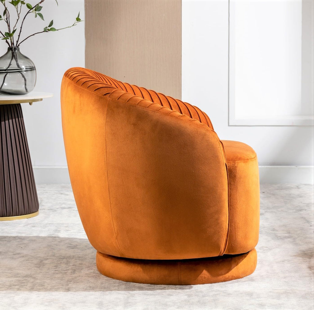 Container Furniture Direct Modern Barrel Swivel Chair with Plush Velvet Upholstery and Smooth 360° Rotation, Round Accent One-Seater Sofa for Living Room, Bedroom, and Office, Red Orange