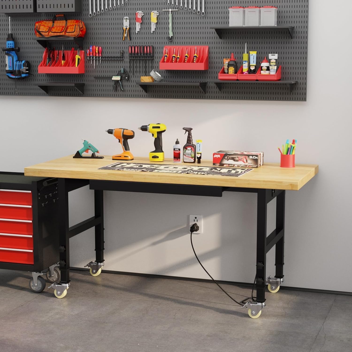 60' Heavy Duty Work Bench with Wheels, Adjustable Height Workbench with Drawers, 2000 LBS Capacity Work Table with Power Outlets for Garage, Workshop, Office, Home