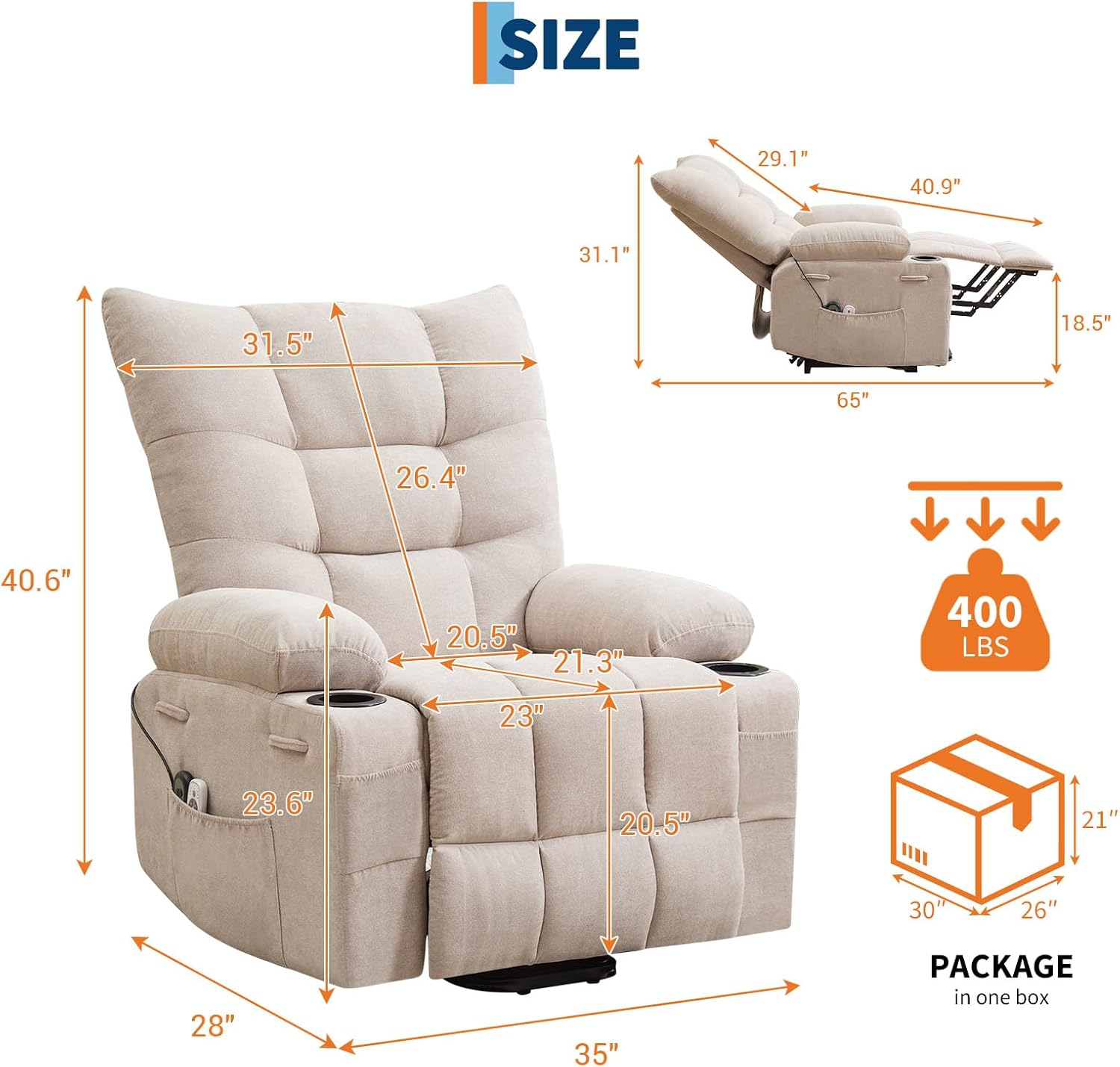 Power Lift Recliner Chair for Elderly - Electric Massage & Heat Recliner with 45° Assist Stand, Living Room Sofa for Small Space Furniture, Swivel Rocker with Cup Holders, Reclining Lounge for Adults