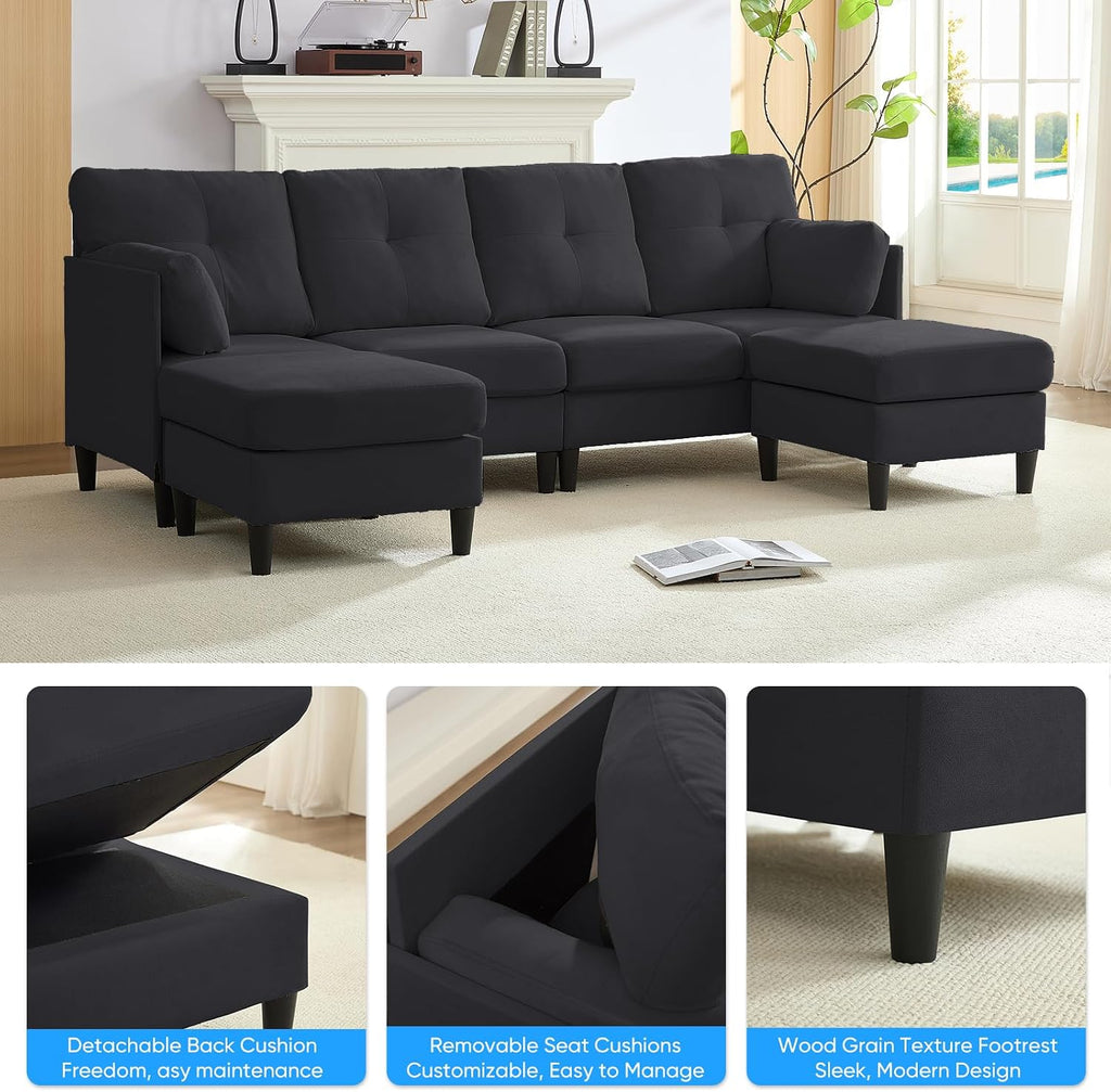 PUREMIND Sectional Couches for Living Room, Modern Snow Velvet U-Shaped Sofa Couch with Double Chaise, Upholstered 4 Seater Sofa with Double Chaise for Living Room, Apartment, Office, Dark Grey